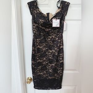 Bisou Bisou Black Lace Midi Dress with Nude Lining